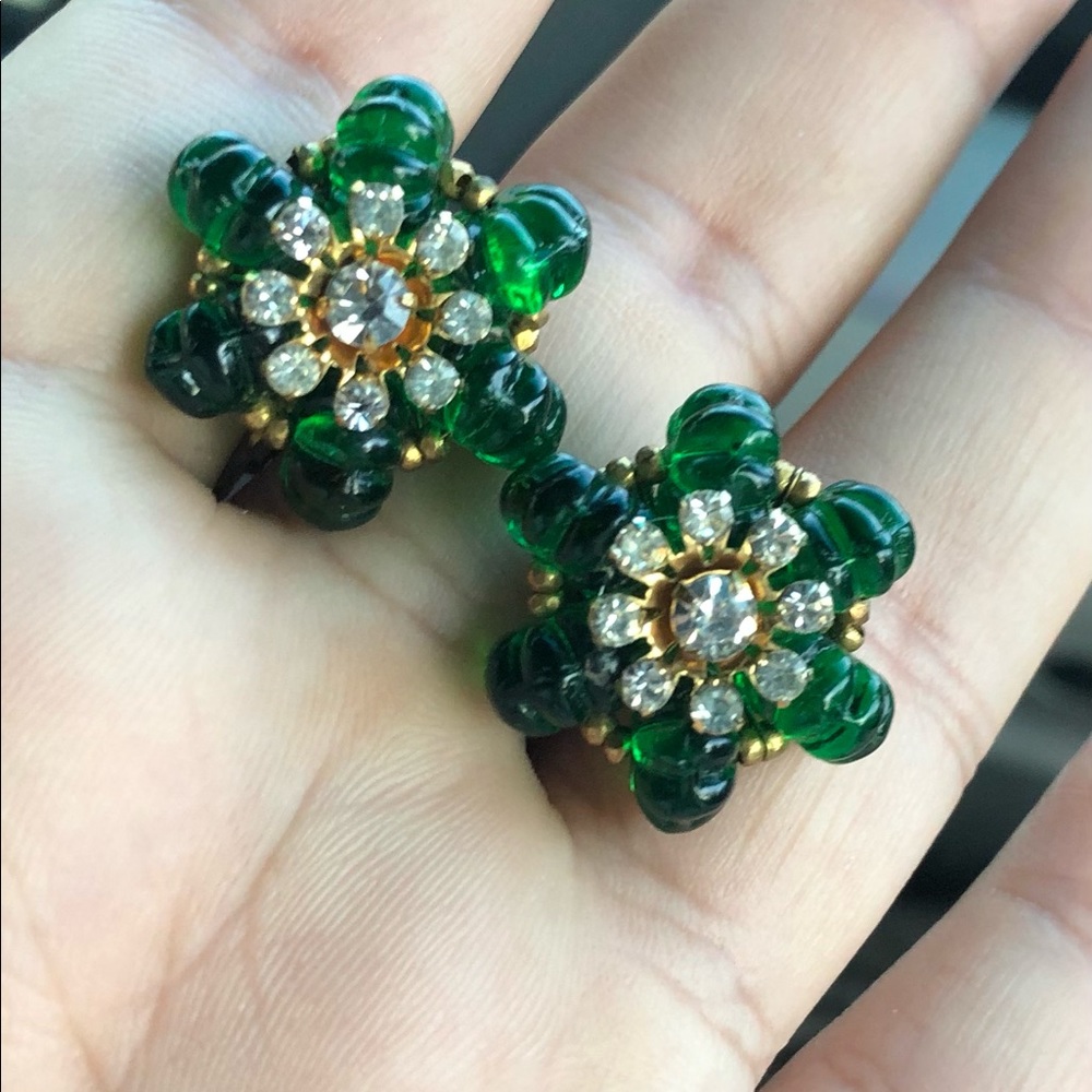 Vintage carved emerald and crystal Miriam Haskell earrings